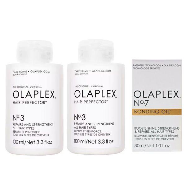 Pachet pentru Intretinerea Parului Olaplex - 2 x Tratament Intretinere Par Vopsit - OLAPLEX Hair Perfector No. 3 100 ml; 1 x Ulei pentru Toate Tipurile de Par - Olaplex No 7 Bonding Oil, 30 ml
