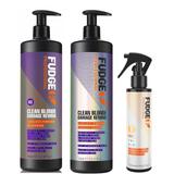 Pachet pentru Par Blond Fudge - Sampon Reparator pentru Par Blond, 1000 ml; Balsam Nuantator pentru Par Blond, 1000 ml; Spray pentru Volum si Luciu, 150 ml