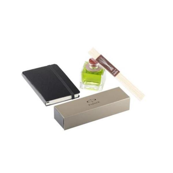 Set de birou Office Goods - Agenda piele Herlitz A6 + Pix Parker Jotter + Parfum camera 80 ml Goacub Tiare + punga cadou 