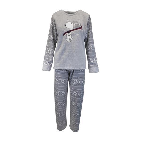 Pijama dama, univers fashion, bluza cocolino gri cu imprimeu snoopy, pantaloni polar gri cu imprimeu fulgi albi, 2xl