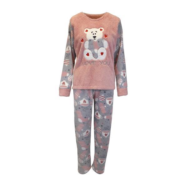 Pijama dama, Univers Fashion, bluza cocolino roz inchis si gri cu ursulet, pantaloni polar gri cu imprimeu roz inchis, M