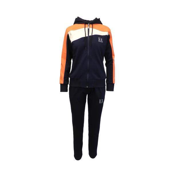 Trening dama, jacheta cu 2 buzunare cu fermoar, culoare piersica, gri si albastru, pantaloni albastru cu 2 buzunare, s