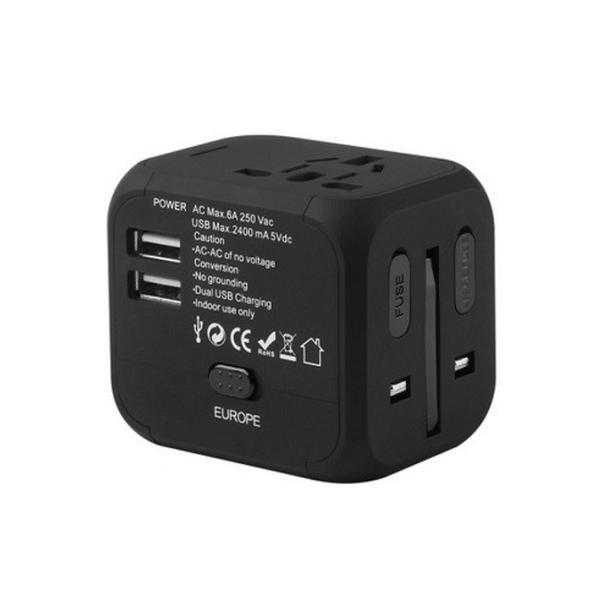 Adaptor pentru priza universal cu 2x porturi USB, UK/EU/US/AU, negru - Gonga