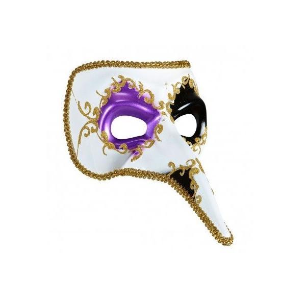 Masca carnaval venetian model casanova cu detalii aurii, mov/negru
