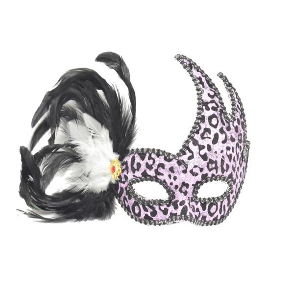 Masca carnaval venetian cu pene si imprimeu leopard, mov - gonga
