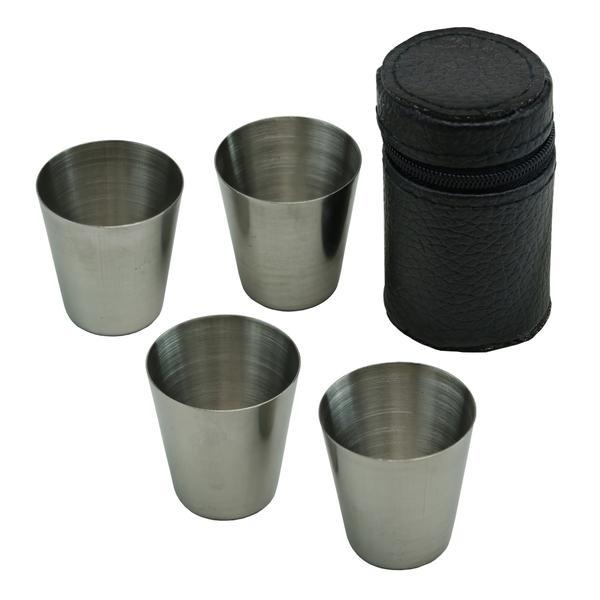 Set 4 pahare 30 ml, din inox, suport teaca de piele sintetica OnemisFlot