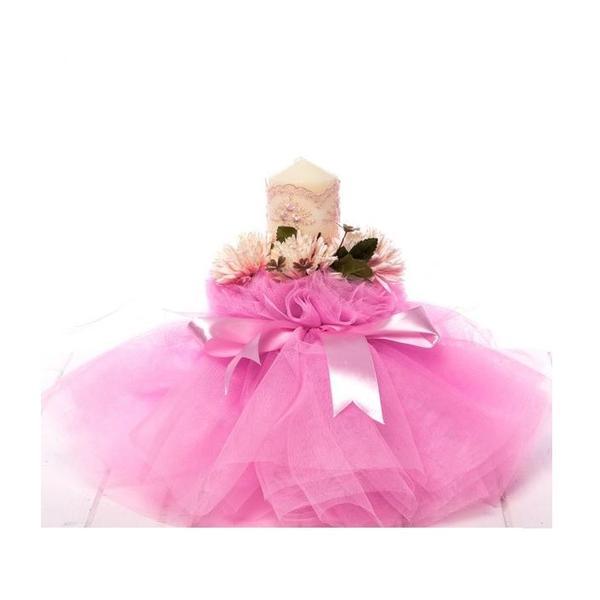 Lumanare botez fetite tulle roz cu floricele