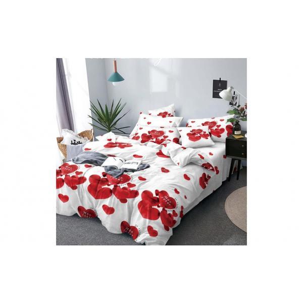 Set lenjerie de pat- 6 piese - 100% bumbac romaneasca, alb cu inimioare rosi - fabrica in romania