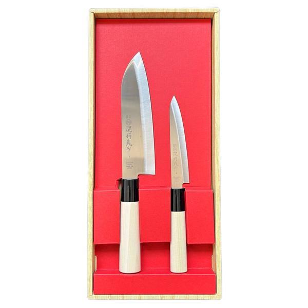 Set 2 cutite de bucatarie japoneze Santoku & Petty din otel inoxidabil pentru carne, peste, legume, cutie cadou