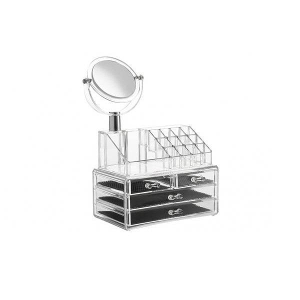 Organizator cosmetice din acril cu 4 sertare, 16 compartimente si oglinda