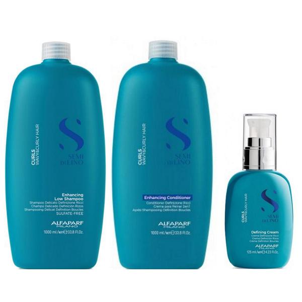 Pachet pentru Par Cret sau Ondulat - Alfaparf Semi di Lino Curls: Sampon pentru Par Cret 1000 ml, Balsam pentru Par Cret 1000 ml, Crema pentru Definirea Buclelor 125 ml