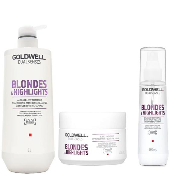 Pachet pentru Par Blond - Goldwell Dualsenses Blondes & Highlights: Sampon 1000 ml, Masca 200 ml, Serum 150 ml