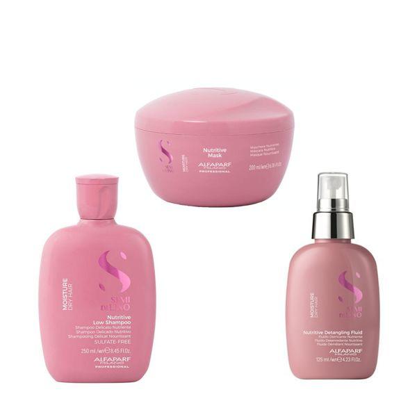 Pachet cu Efect Hidratant pentru Par Uscat - Alfaparf Milano Semi di Lino Moisture Nutritive: Sampon Hidratant 250 ml, Masca Hidratanta 200 ml, Fluid Tratament Hidratant de Descurcare 125 ml