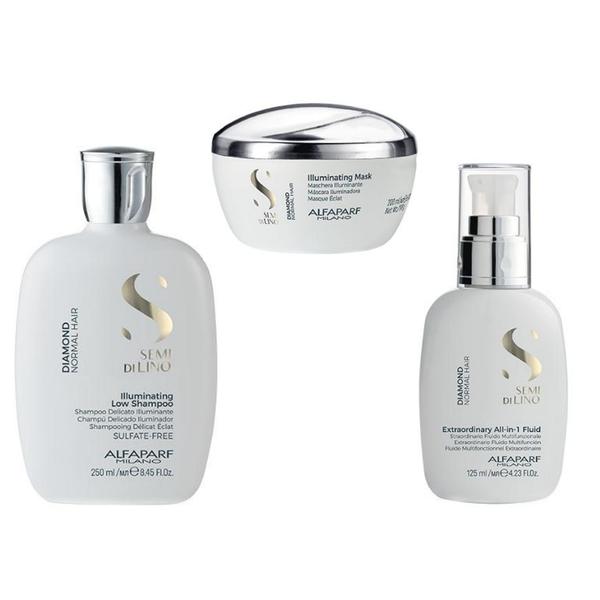 Pachet pentru Stralucire pentru Par Normal - Alfaparf Milano Semi di Lino Diamond Illuminating: Sampon de Stralucire 250 ml, Masca de Stralucire 200 ml, Fluid de Stralucire 125 ml