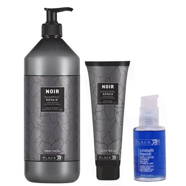Pachet cu efect reparator - black professional line noir repair: sampon reparator 1000 ml, masca reparatoare 250 ml, cristale lichide pe baza de ulei de seminte de in 100 ml
