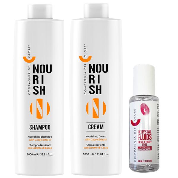 Pachet cu Efect Hidratant - Compagnia del Colore Nourish: Sampon 1000 ml, Balsam de Par 1000 ml, Fluid cu Cristale 100 ml