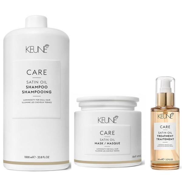 Pachet pentru Stralucire - Keune Care Satin Oil: Sampon 1000 ml, Masca 500 ml, Ulei 95 ml