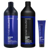 Pachet pentru Par Blond - Matrix Total Results Brass Off Blonde: Sampon Neutralizator 1000 ml, Balsam Neutralizator 1000 ml, Crema 150 ml