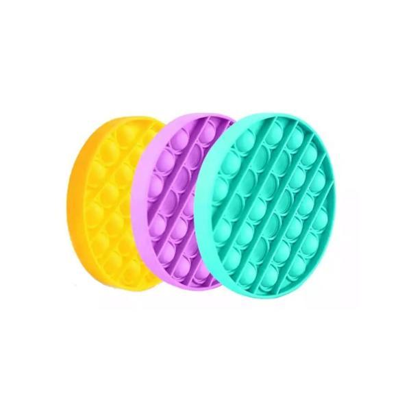Set 3 jucarii antistres din silicon, pop it now, forma cerc mov/galben/verde , 12.2x1.5cm kms