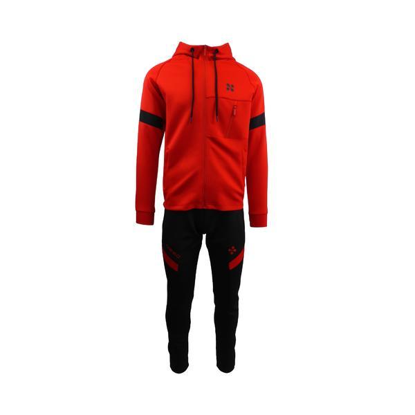 Trening barbat, univers fashion, din silon, jacheta culoare rosu, cu 3 buzunare cu fermoare, pantaloni negru cu 2 buzunare cu fermoare, m