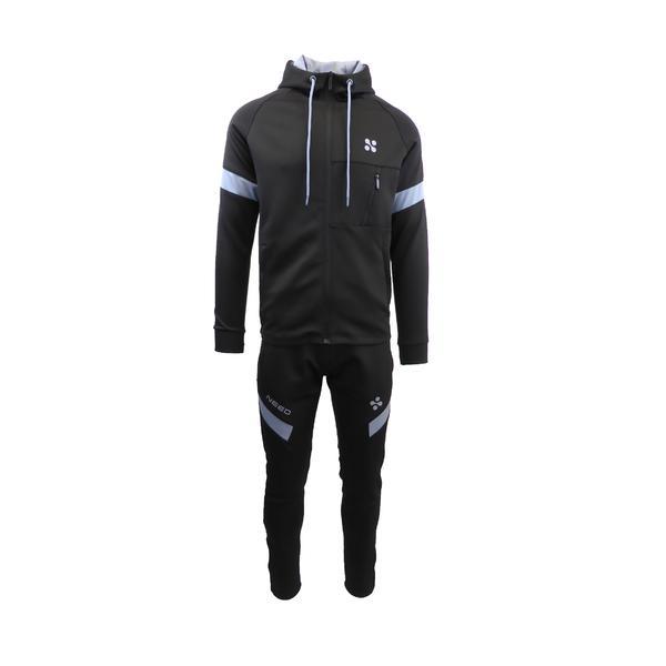 Trening barbat, univers fashion, din silon, jacheta culoare neagra, cu 3 buzunare cu fermoare, pantaloni negru cu 2 buzunare cu fermoare, l