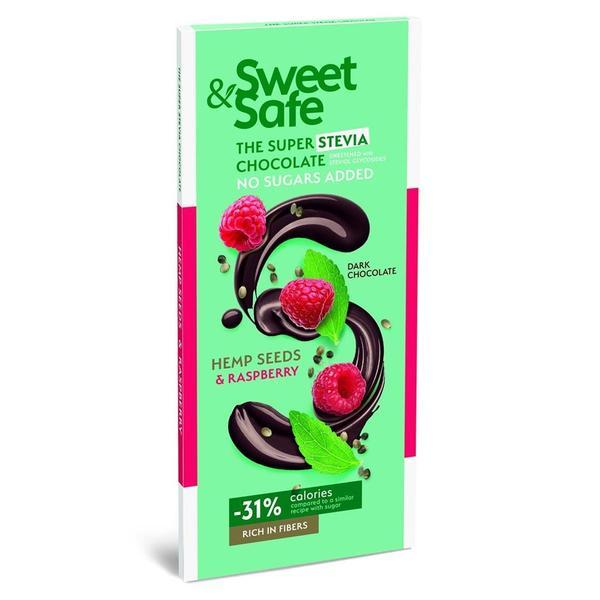 SHORT LIFE - Ciocolata Amaruie cu Seminte de Canepa si Zmeura Sweet & Safe cu Indulcitor din Stevia Sly Nutritia, 90 g