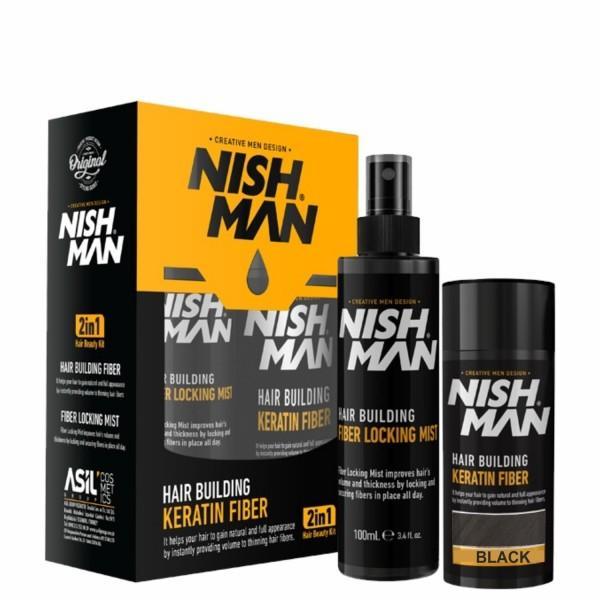 Set cadou fiber pentru parul rar tratament 100ml + spray 21ml nishman - negru