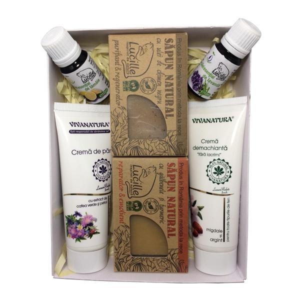 Cutie cadou crema 75ml + sapun cu galbenele 90g + sapun cu chimen 90g + crema par 75ml + ulei lamaie 10ml + ulei lavanda 10ml 