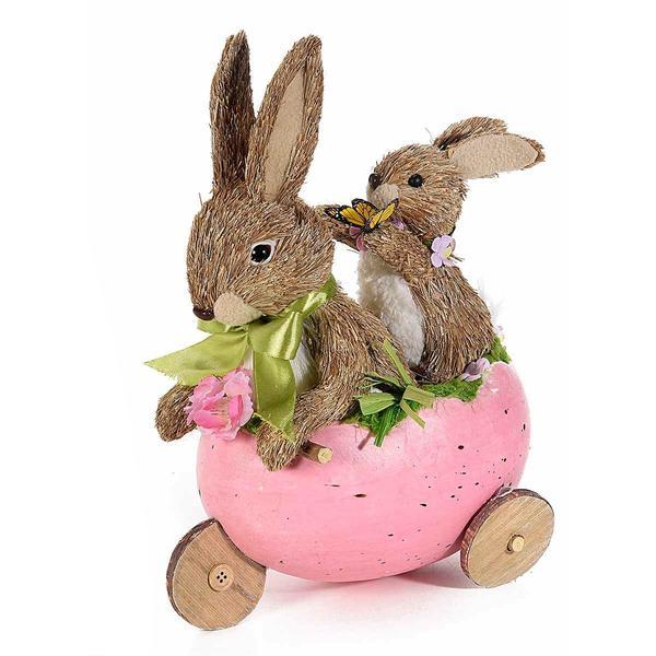 Decoratiune iepuras paste cu tricicleta ou roz 21 cm x 15 cm x 32 h - decorer