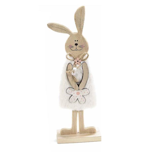 Decoratiune figurina iepuras paste din lemn cu rochita textil alb 10 cm x 5 cm x 31 h - decorer