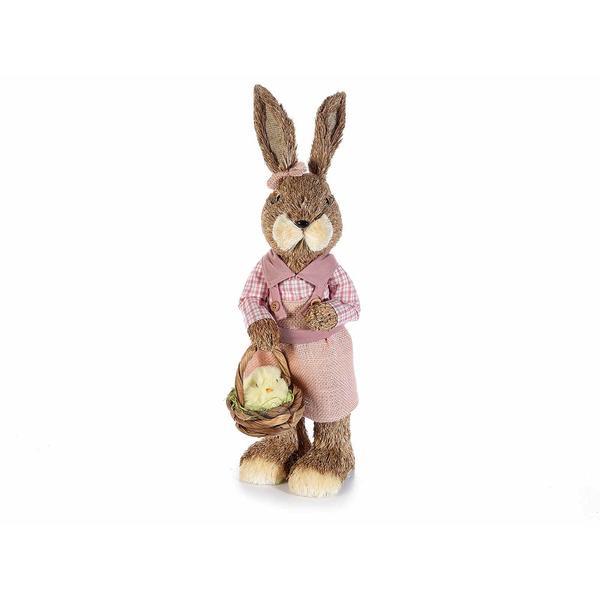 Figurina iepuras paste cu rochita roz fibre naturale 40 cm x 30 cm x 43 h