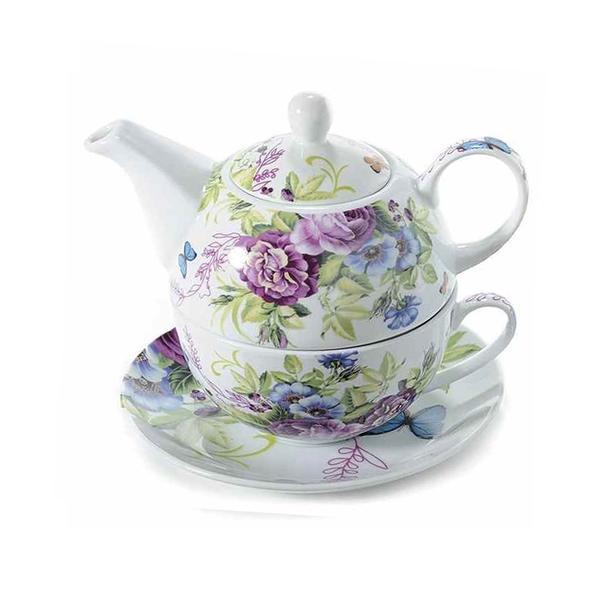 Decorer Set ceainic cu ceasca si farfurioara din portelan decor floral mov 16 cm x 15 cm x 14 h