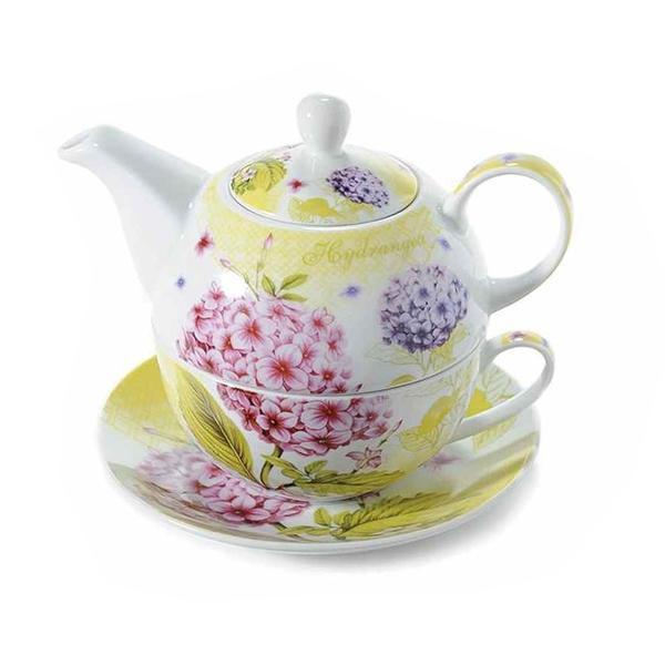 Set ceainic cu ceasca si farfurioara din portelan decor floral roz 16 cm x 15 cm x 14 h
