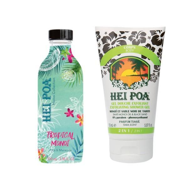 Pachet Ulei de Monoi Ao Editie Colectie Tropical Monoi Pina & Maracuja 100ml + Exfoliant Cu Nisip Negru Si Tiara Hei Poa Tahiti 150ml