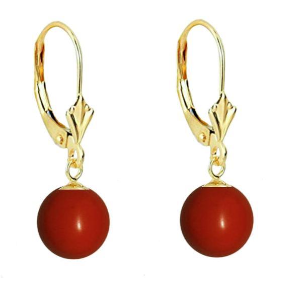 Cercei aur galben de 14 karate cu tortita model lalea si pietre semipretioase naturale de coral de 10 mm