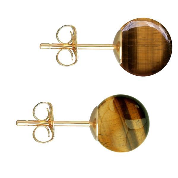 Cercei aur galben de 14 karate, tip surub, cu pietre semipretioase naturale de ochi de tigru de 10 mm