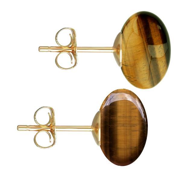 Cercei aur galben de 14 karate, tip surub, cu pietre semipretioase naturale de ochi de tigru de 12 mm