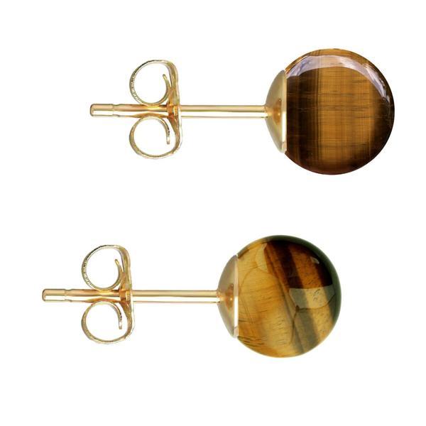 Cercei aur galben de 14 karate, tip surub, cu pietre semipretioase naturale de ochi de tigru de 8 mm