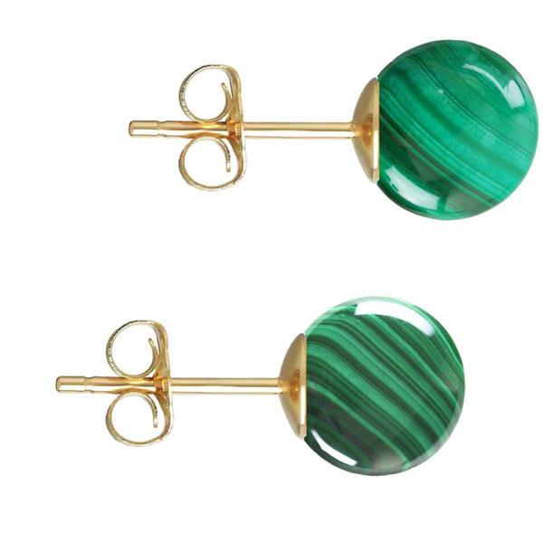 Cercei aur galben de 14 karate, tip surub, cu pietre semipretioase naturale de malachit de 10 mm