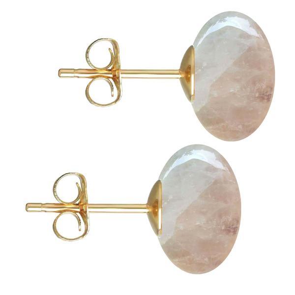 Cercei aur galben de 14 karate, tip surub, cu pietre semipretioase naturale de cuart roz de 12 mm