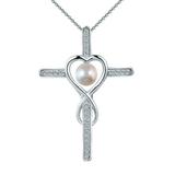 Colier Argint cu Pandantiv Argint Crucifix Pavat cu Zirconii si Perla Naturala Alba de 6-7 mm