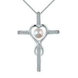 Colier Argint cu Pandantiv Argint Crucifix Pavat cu Zirconii si Perla Naturala Alba de 6-7 mm