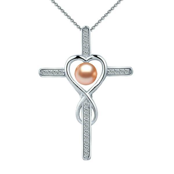 Colier argint cu pandantiv argint crucifix pavat cu zirconii si perla naturala crem de 6-7 mm