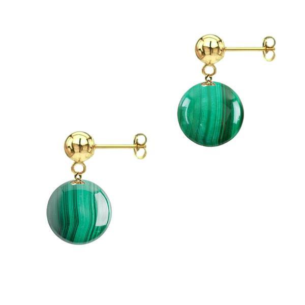 Cercei aur galben de 14 karate si pietre semipretioase naturale de malachit de 8 mm