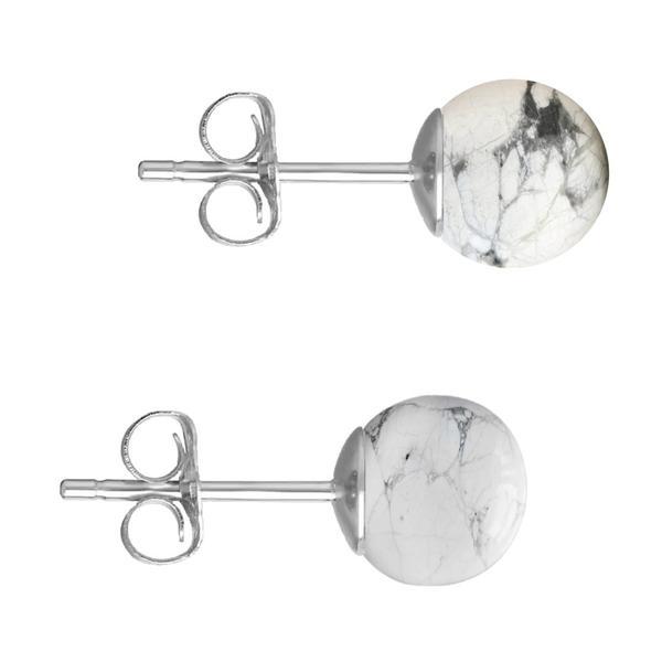 Cercei aur alb de 14 karate, tip surub, cu pietre semipretioase naturale de howlit de 8 mm