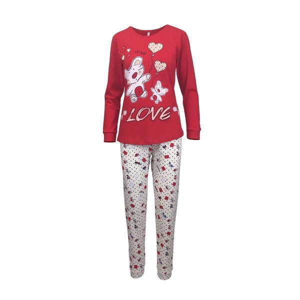 Pijama dama, univers fashion, bluza rosu cu imprimeu ursuleti si pantaloni bej, xl