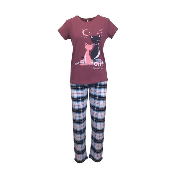 Pijama dama, univers fashion, bluza mov cu imprimeu pisici si pantaloni albastru, 2xl