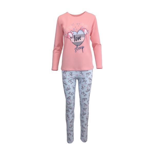 Pijama dama, univers fashion, bluza roz somon cu imprimeu love sleep si colanti albastru deschis, m