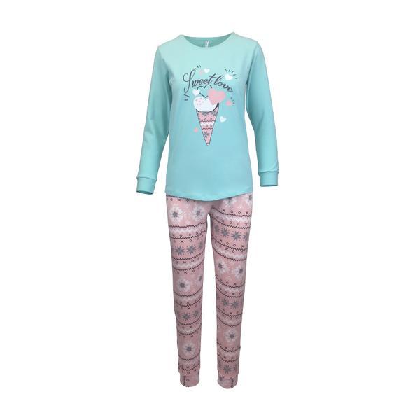 Pijama dama, Univers Fashion, bluza verde cu imprimeu Sweet Love si pantaloni roz, XL