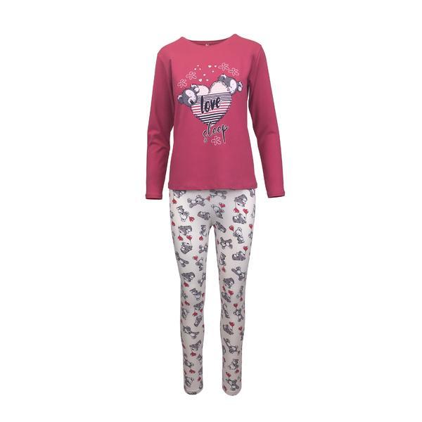 Pijama dama, univers fashion, bluza fucsia cu imprimeu love sleep si colanti bej, l